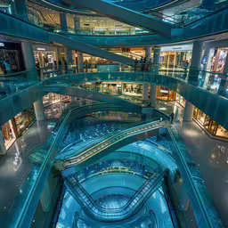 an overhead view of a mall, with many people inside,a mall at night with lit walkways and shops