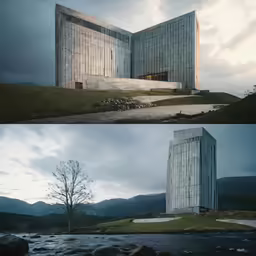 two photographs of a building in the middle and the back