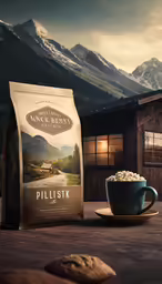 a cup of coffee sits on the table next to a bag of pills