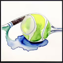 the watercolor painting shows an image of a tennis ball and racquet,a watercolor drawing of a tennis ball and racket,watercolor painting of a tennis ball on a racket,watercolor painting of a tennis ball with racket resting on it,a watercolor drawing of a tennis ball on the racket