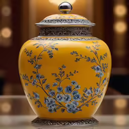 a yellow vase sitting on top of a table