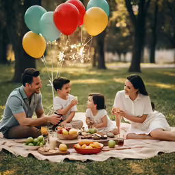 a family having picnic on a blanket at a park