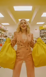 blonde haired woman with yellow shopping bags in store