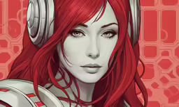 red haired woman wearing headphones, staring into the distance