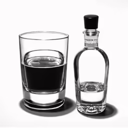 two glasses of liquor with one empty glass in front of it