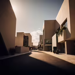 an empty road in between buildings with the sun going down
