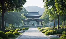 a path is between two large buildings in the park
