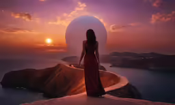 a girl in a dress is looking out at the sunset