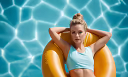 a woman on a raft pad by the pool