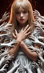 an animated image of a woman surrounded by hands