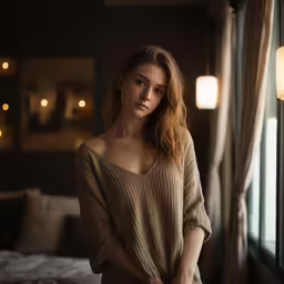 a woman is standing in a room next to a window