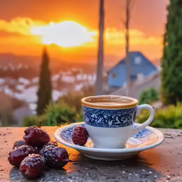 coffee cup next to berries with sun setting behind it