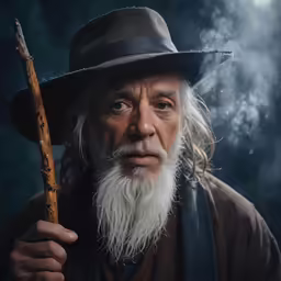 an older man with a grey beard wearing a hat holding a stick