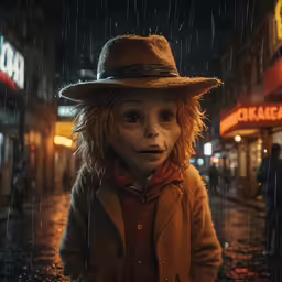 a doll is standing in the rain outside