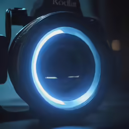 the inside of a small camera with some blue light on