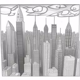 pencil drawing of city buildings under clouds,a picture of a city with very high rises