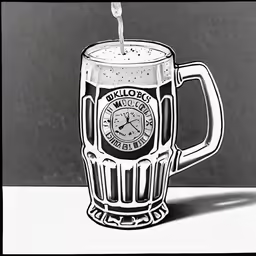 drawing of a beer mug with a clock on it