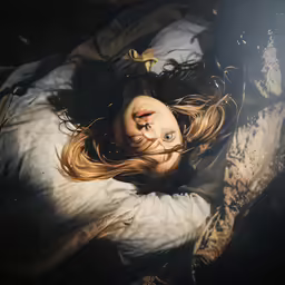a beautiful woman lying in bed with long hair