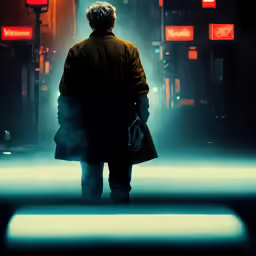 the man is standing in front of red traffic lights
