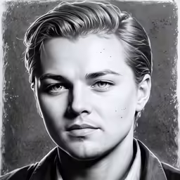 the black and white photo shows the face of the young man