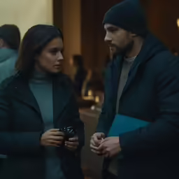 a man and woman standing together in a lobby