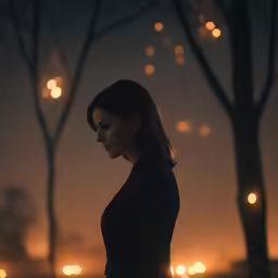a woman stands near a street light while looking at something