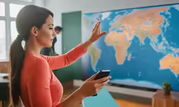 a woman is holding her cell phone up in front of a map