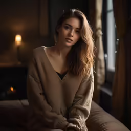 a woman wearing a sweater and pants sitting on a chair