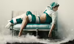 a woman sitting on a bench in a green and white skirt