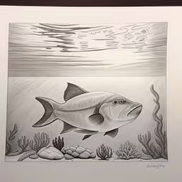 this drawing of a fish is very detailed in black and white,a painting of a fish swimming in the water,drawing of a fish in a underwater scene,a drawing of a fish swimming in the water,a picture of a fish in an aquarium