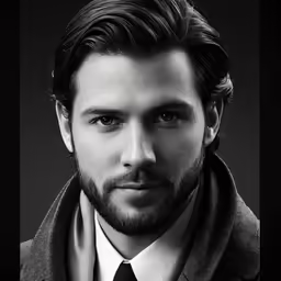 a man wearing a coat and tie, with a dark background