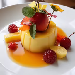 the dish includes yellow cheesecake with fruit on it