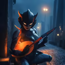 a woman dressed in a catwoman costume holding a guitar