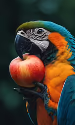 the parrot is eating an apple, while sitting