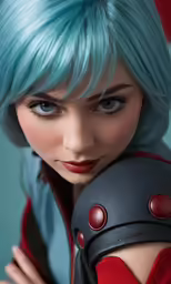 the woman is wearing short and blue hair