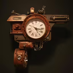 an old steampunk clock is placed on a mechanical arm