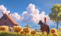 a woman riding on the back of a horse next to a lush green hillside