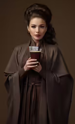 the young woman dressed in brown is holding a cup