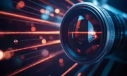 close up of a camera lens with the red lights in the background
