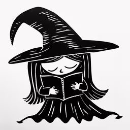 a black and white drawing of a young girl in witch