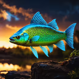 a green and blue fish floating in the ocean,a fish that is laying on top of some rocks