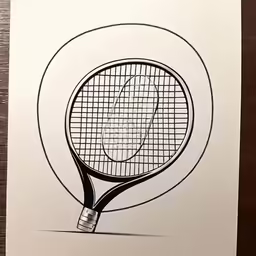 a black and white drawing of a tennis racket