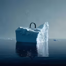 an iceberg floating on water with a small ring in it
