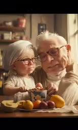 an elderly man and young girl standing together with a bowl of fruit