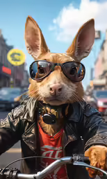 a rat is riding on a bike with a leather jacket