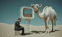 man with no head and a large white cube sitting next to a camel