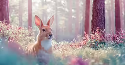 a young rabbit stands between flowers in a forest