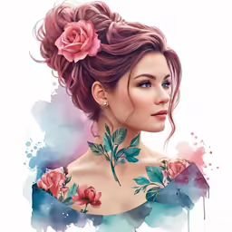 a portrait of a woman with a floral tattoo on her shoulder