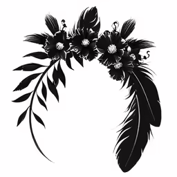 black feathers and flowers with a white background