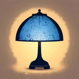 an illuminated lamp on a table, with blue shade